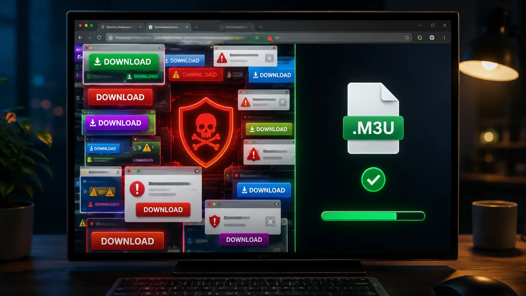 O perigo do malware nas listas M3U — botões de download falsos e sites duvidosos