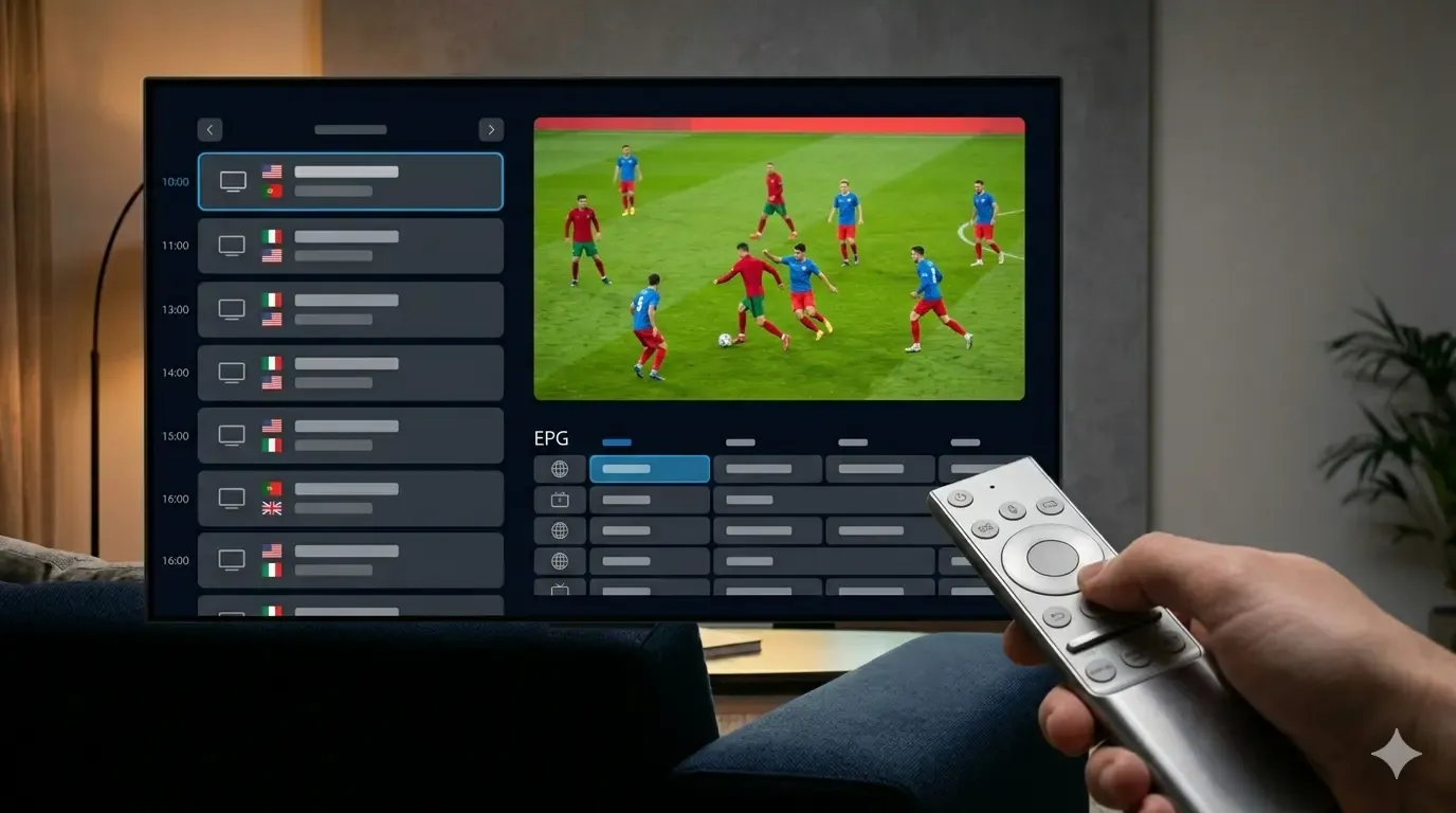 Interface da melhor lista IPTV Portugal numa Smart TV — grelha EPG, canais Sport TV e Champions League em IPTV Smarters Pro / TiviMate