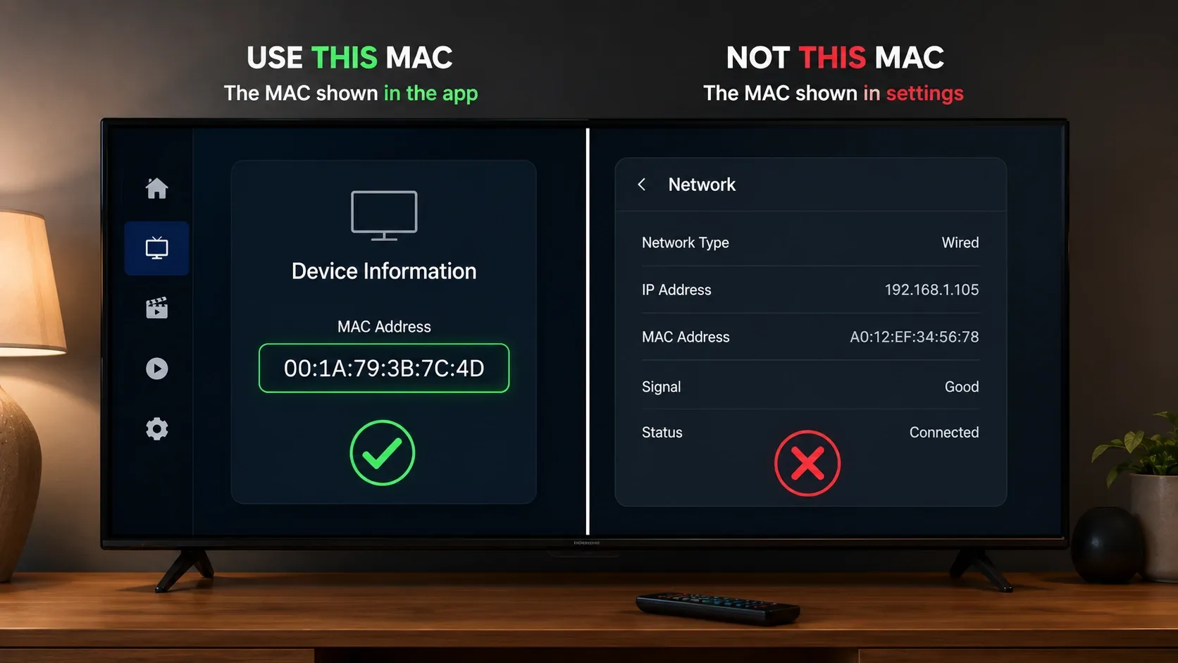 Como resolver o erro do endereço MAC no SET IPTV — usar o MAC da app, não o das definições
